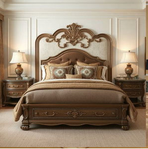 Cama tradicional de nogal tallado con cabecero acolchado de lujo. Lujo resistente disponible a precios de mayoreo. - Product Image 1
