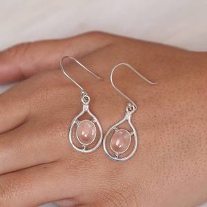 Pendientes colgantes de plata de ley 925 para mujer, piedras preciosas de cuarzo rosa Natural, cabujones de forma ovalada, regalo perfecto para ella - Product Image 6