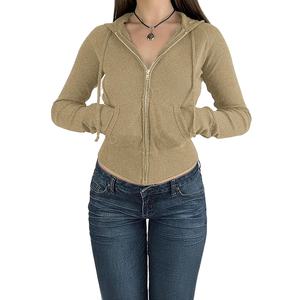 <b>Women's</b> Spring Autumn Winter <b>Cardigan</b> Solid Color Slim Fit Short Zipper Stand Collar Drawstring <b>Hood</b> Sweatshirt - Product Image 3