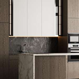 Armoires <span class=keywords><strong>de</strong></span> cuisine modulaires KEJIA <span class=keywords><strong>de</strong></span> luxe en bois foncé et en marbre blanc avec îlot en cascade pour projets <span class=keywords><strong>de</strong></span> villas haut <span class=keywords><strong>de</strong></span> gamme - Product Image 3