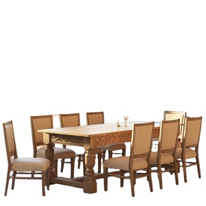Juego de mesa de comedor de lujo de 9 piezas hecho a mano madera de teca maciza elegante mesa de caballete tallado sillas tapizadas restaurante moderno - Product Image 1
