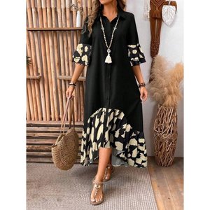Robe longue Aerobin pour femme, à manches courtes, col et fermeture boutonnée, détail asymétrique sur le devant, 37418 - Noir - Product Image 1