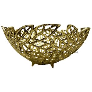Bol rond en métal ajouré doré de bonne qualité avec un motif de feuille élégant pour la décoration et le service - Product Image 1