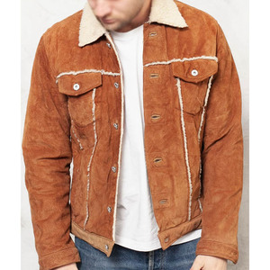 2023 Men's Classic Trucker <b>Jacket</b> in Brown Real <b>Suede</b> Leather with Western Style Hot Selling Latest Design Canvas Fabric - Product Image 1