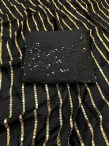 Magnifique et élégant sari en soie noir à motifs multiples et séquences brodées, long et tendance, avec pièce de chemisier, pour adulte. - Product Image 6