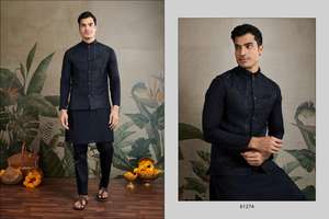 <b>Men's</b> Heavy Silk <b>Kurta</b> Pajama Jacket Sequence Work Koti Indian Pakistani Clothing Wedding Casual Wear Knee-Length Regular Fit - Product Image 2
