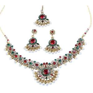 ชุดสร้อยคอเคลือบทอง Kriaa ประดับด้วยหินออสเตรียสีเขียวมารูน 1100601 เครื่องประดับแฟชั่น - Product Image 1