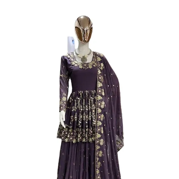 Baju Muslim Saudi Arebia baju Pakistan kuno manik-manik berat leher bulat Kurti Sharara Set