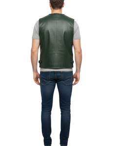 Men Dark Green Genuine <b>Leather</b> <b>Biker</b> <b>Vest</b> Sleeveless Stand Collar Zip Front Waistcoat with Utility Pockets - Product Image 5