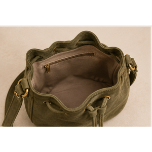 Modern Waterproof Olive Green Genuine Cow <b>Suede</b> Leather <b>Bucket</b> <b>Bag</b> for Women-Drawstring Closure with Custom Logo - Product Image 2