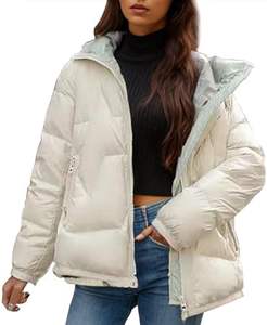 Veste rembourrée à manches longues pour femmes de haute qualité-Col haut, manteau en duvet à capuche zippé avec poches, coupe-vent, coupe tendance et ample - Product Image 1