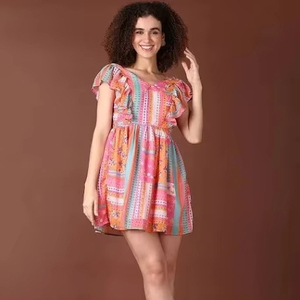 Vestido Corto de Algodón Tejido a Mano Indio para Mujer, Elegante para Fiestas y Bodas, Estampado Floral, Cintura Natural, Regalo para Novia - Product Image 1