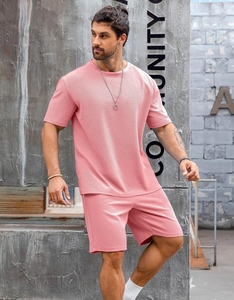 Traje de verano con logotipo personalizado para hombre, estilo informal de dos piezas con camiseta cuadrada y pantalones cortos de rizo francés, conjunto de ropa estampada - Product Image 1