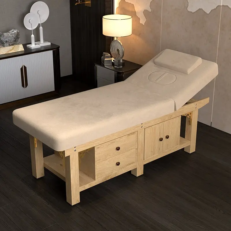 Draagbare Moderne Verstelbare Houten Frames Body Spa Gezichts Schoonheidssalon Opvouwbaar Massagebed Met Opbergkast