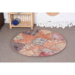 Alfombra de lana turca Vintage moderna 3,4X3,3 pies naranja-Beige diseño de retazos respaldo de látex para decoración para sala de estar para adolescentes - Product Image 1