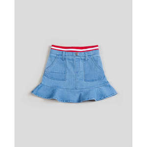 Gonna con volant per bambina Kinderkind con cintura in maglia a costine, denim blu, taglia 4T - Con decorazione a tasche - Product Image 1