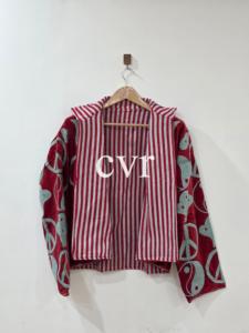 Red <b>Velvet</b> Embroidered Bomber <b>Jacket</b> With Peace Sign Pattern Stand Collar Full Sleeve Women's Autumn Outerwear - Product Image 4