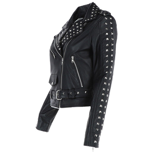 Venta al por mayor de chaqueta de motorista de cuero con tachuelas y cremallera para mujer, chaquetas de moda con tachuelas de PU de piel sintética para la venta - Product Image 2