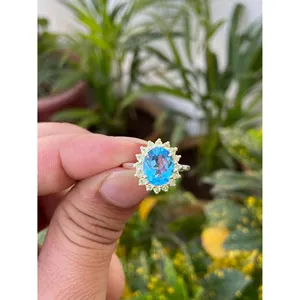 925 Silver Geometric Statement <b>Ring</b> with Blue Topaz & Peridot Oval Cut Garnet & <b>Opal</b> Rhodium Plated Fine Jewelry for Engagement - Product Image 1
