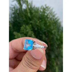 14k Yellow Gold for Swiss Blue Topaz <b>Ring</b> for <b>Men</b> Emerald Cut Invisible Setting for Engagement IGI Certified Gemstone Number - Product Image 2