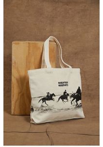 Bolsa de Mano de Lona de Algodón con Estampado de Vaquero Occidental, Diseño Gráfico de Equitación, Color Beige y Negro, Ecológica, Reutilizable - Product Image 2