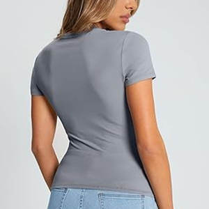 Camisetas básicas de cuello redondo para mujer UPF 50 + manga corta 2025 verano moda Tops sólido Casual suelta Fit camisetas - Product Image 1