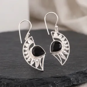 Women’s 925 Sterling Silver Bohemian Drop <b>Earrings</b> Geometric Pattern <b>Black</b> Onyx Bezel Set Handmade <b>Dangle</b> <b>Earrings</b> Everyday - Product Image 1