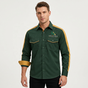 Camisa de trabajo de algodón de alta visibilidad para hombre, manga larga, con botones, en marrón y verde, transpirable. - Product Image 1