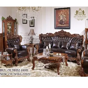 Di Sản phong cách nâu cổ da chần sofa thiết lập truyền thống 2-Tone màu nâu sẫm sofa thiết lập Victorian gỗ vẽ phòng