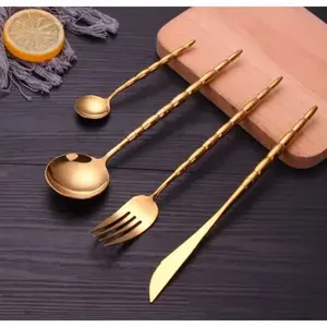 Ensemble de couverts en métal avec poignée en bambou, finition miroir dorée, parfait pour la maison, les restaurants, les hôtels et les événements, en provenance d'Inde - Product Image 3