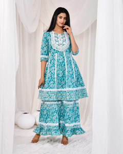 Contemporary Women's Kurti And Pant Set Made From Blue Crepe Silk Featuring <b>White</b> <b>Lace</b> Perfect For Formal And Casual Occasions - Product Image 1