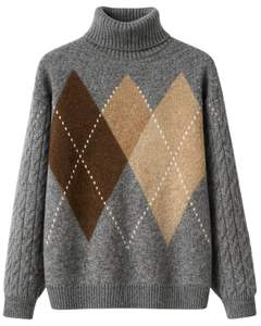 Suéter de Punto Premium para Hombre, Cuello Alto, Diseño Argyle, Suave y Cálido, Manga Trenzada, Jersey de Invierno, Estilo Casual, Color Gris, Marrón, Beige - Product Image 1