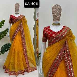 Saree en soie d'organza lourd de port de festival de mariage indien avec Sequnce avec le travail de fil et le chemisier de travail de Sequnce de soie de Mono Benglori - Product Image 4