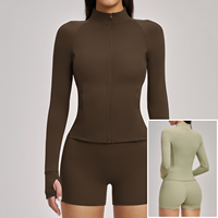Veste de yoga brossée à manches longues, extensible dans quatre directions, douce, avec poches zippées, imprimée, coupe ajustée, pour sports de plein air, course à pied et fitness