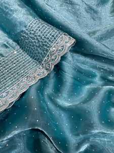 DISEÑADOR BANARASI BROCADO DE SEDA CON ZARI TRABAJO SAREE CON BLUSA DESCOSADA AZUL - Product Image 6
