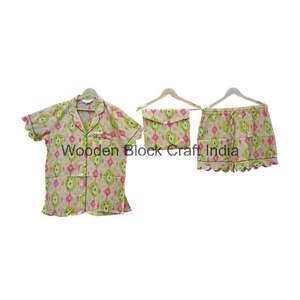 Conjunto Kangura de pijama de algodón hecho a mano indio de tendencia bloque de mano impreso Vintage ropa de noche corta para mujer para otoño - Product Image 6