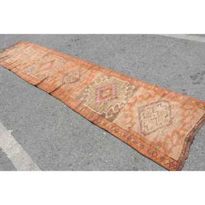 Alfombra de lana Vintage naranja y Beige de 2,6x12,1 pies, diseño de retazos de área grande clásico turco para adolescentes, estilos de pasillo rectangulares de látex - Product Image 4