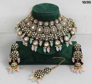 Merveilleux indien réel Kundan qualité supérieure forme de larme Kundan travail Jaypuri collier avec boucle d'oreille ensemble de bijoux de mariage femmes - Product Image 3