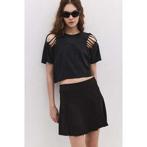 T-shirt court pour femme avec épaules dénudées, style décontracté, col à nœud, 100% coton respirant, décoré de diamants, taille unique - Product Image 1