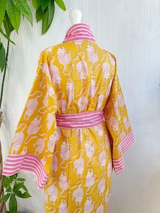 Pure Cotton Indian Block printed House Robe Summer Kimono Beach Coverup Comfy Maternity Fresh Yellow Mustard Pink Stripe - Product Image 4