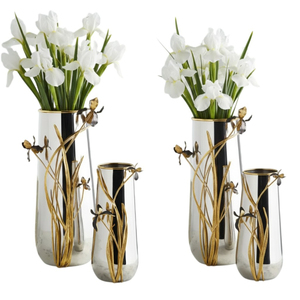 Vase à fleurs moderne en métal martelé argenté avec embellissement de branche d'orchidée dorée, vase en aluminium poli pour la décoration de la maison et des mariages - Product Image 5