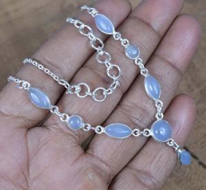 Collar de Cadena con Diseño de Piedras Preciosas, Calcedonia Azul, Plata de Ley 925, Forma Marquesa, Colgante Solitario Moderno con Baño de Rodio - Product Image 4