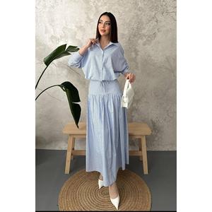 เสื้อเชิ้ตลายทางสีน้ำเงินสำหรับผู้หญิง ยี่ห้อเอลิซา แฟชั่น พร้อมคอร์เซ็ทและกระโปรงจับจีบ-สีน้ำเงิน - Product Image 1