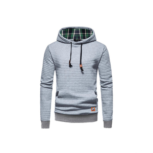 คอลเล็คชั่นฤดูใบไม้ร่วงฤดูหนาวสำหรับผู้ชายเสื้อสเวตเชิ้ตแจ็คการ์ดแบบสวมหัวมีฮู้ดดีไซน์ลายตารางสีทึบมีคุณสมบัติป้องกันการหดตัว - Product Image 1