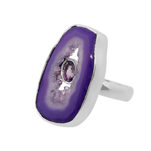 Agate violette naturelle avec améthyste bague ovale en pierres précieuses bijoux bague en argent sterling 925 sertissage de lunette bague plaquée argent - Product Image 2