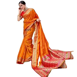 新款设计师Kanchipuram真丝纱丽女士派对穿漂亮纱丽印度批量订购女士晚礼服