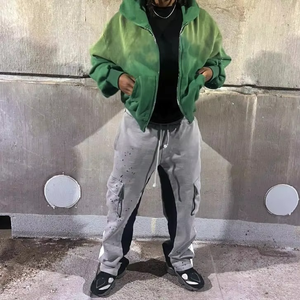 Sudadera con capucha vintage desgastada con efecto descolorido por el sol, estampada y bordada, con bolsillo, corte regular, cremallera, pedrería, lavado ácido verde, de peso pesado, 100% algodón - Product Image 2