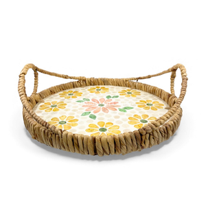 Plateau en rotin avec incrustation de nacre bohème, design flexible fait à la main, bord en jacinthe d'eau, décoration de table à domicile, service de nourriture - Product Image 1
