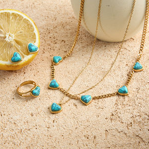 J & D ชุดเครื่องประดับแฟชั่นสุดหรูชุบทอง18K สแตนเลสแหวนรักสีฟ้าเทอร์ควอยซ์แบบเปิด - Product Image 6