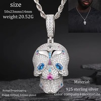 Collier Hip Hop Unisexe en Argent Sterling S925 Bleu et Rose Moissnanite Diamant Rappeur Streetwear Chaîne Crâne Pendentif pour Hommes